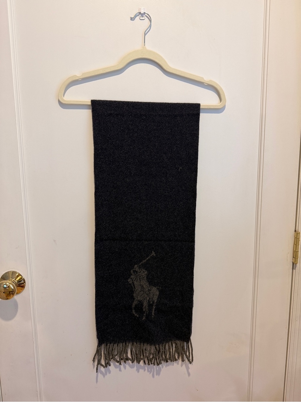 Ralph Lauren Charcoal Wool Polo Logo Scarf with Fringe